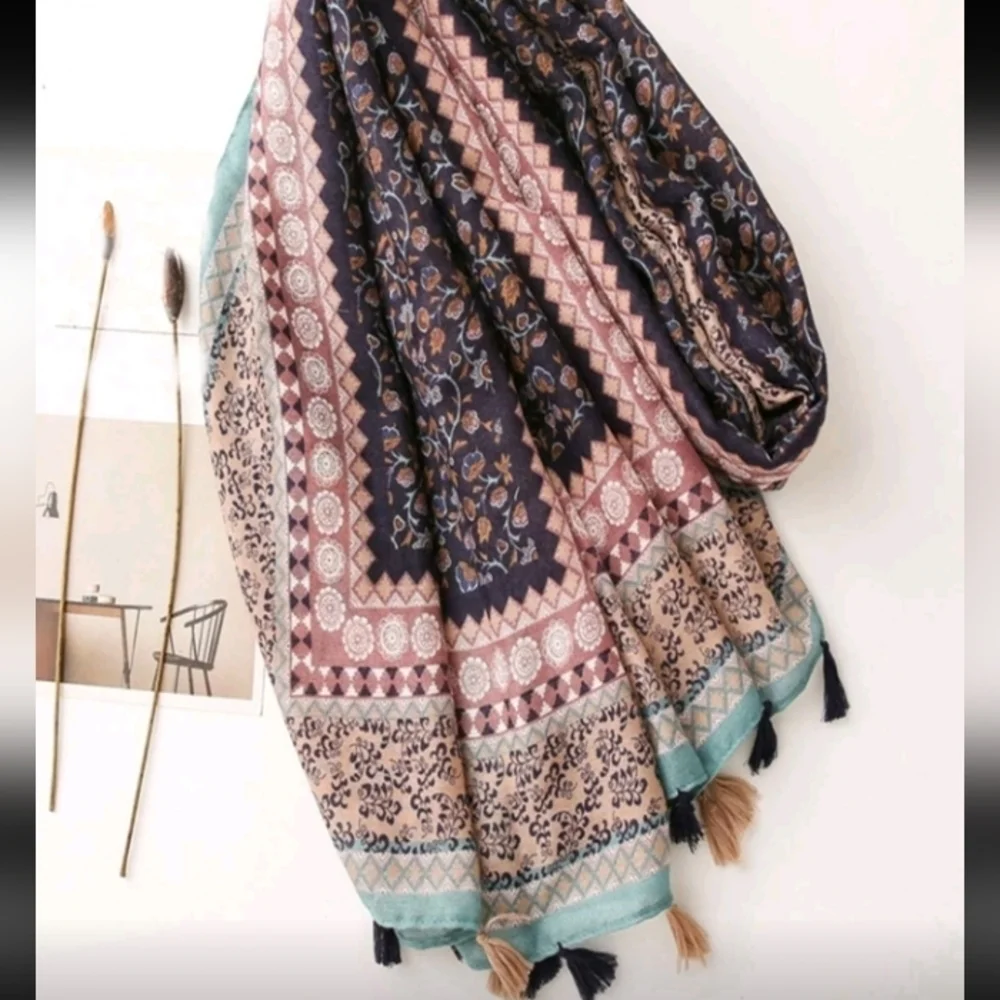 Boho Floral Geometric Patterned Spring Summer Lightweight Scarf Cotton Blend